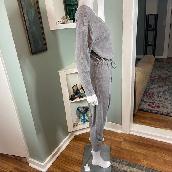 Chaser Love Rib Long Sleeve Double V Drawstring Jumpsuit in Heather Grey Medium - Picture 6 of 11